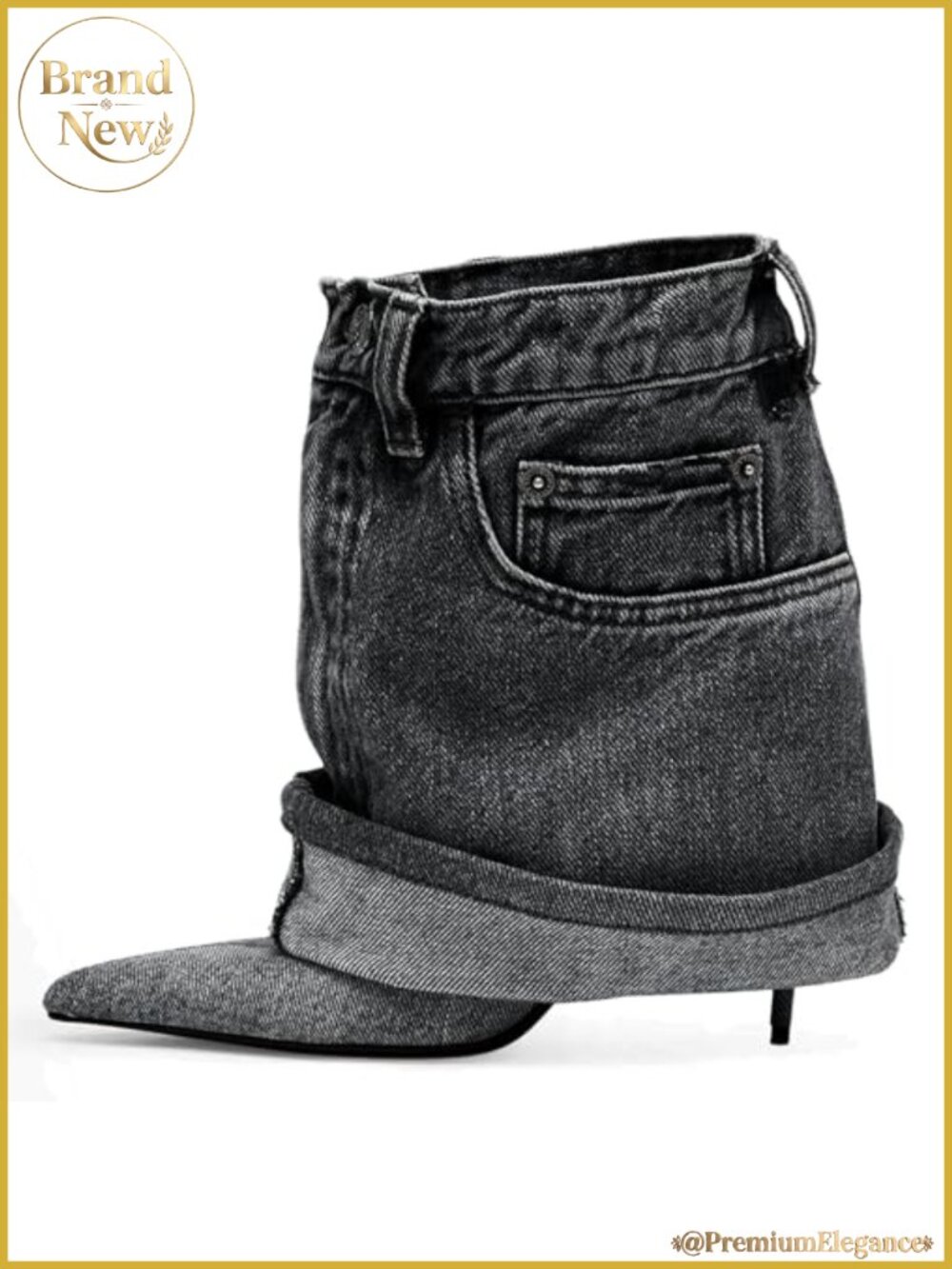 Pointed Toe Fine Stiletto High Heel Ankle Denim Booties Fold Over Ankle Short